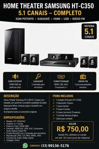 HOME THEATER SAMSUNG HT-C350 5.1 CANAIS - COMPLETO