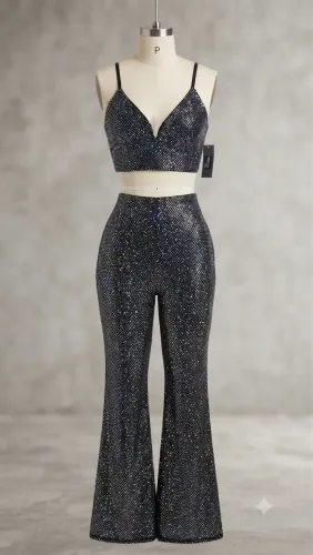 Conjunto holográfico P | Calça flare e Top (na etiqueta)
