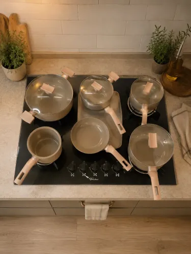 12X KIT DE PANELAS 7 PEÇAS SARTIN COOK CHAMPANHE CERÂMICA MIMO STYLE ANTIADERENTE.