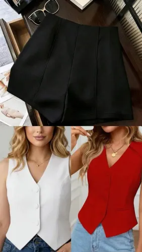 Short e colete alfaiataria <br><br>Colete alfaiataria vermelho/branco M<br>R$:50,00