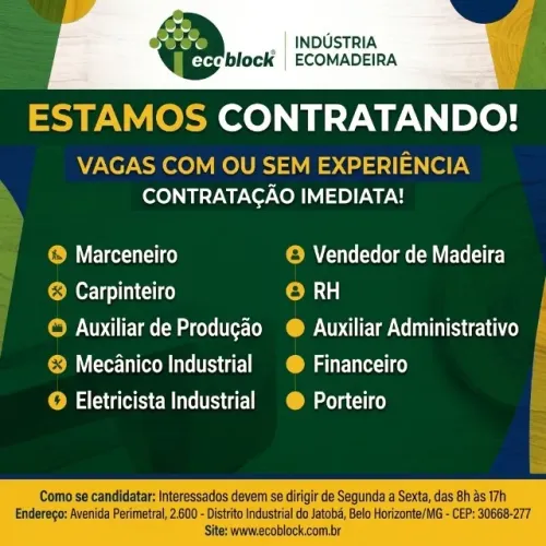 Ecoblock Contrata: Produção, Mecânica, Vendas e RH - Barreiro - BH