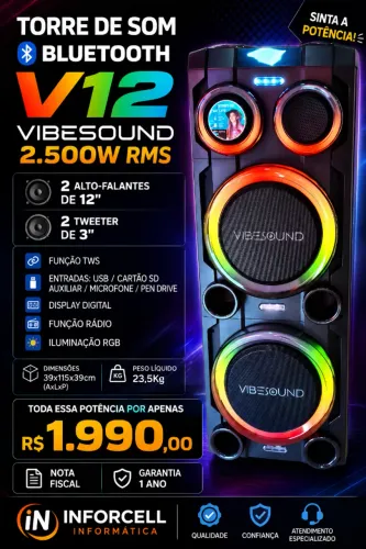 Caixa Bluetooth Torre de Som V12 Vibesound 2500w