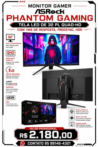 Monitor Gamer ASRock Phantom Gaming 32PL 165 Hz 2K Quad-HD + HDR na Cx.