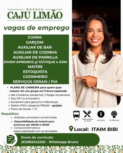 VAGAS DE EMPREGO NO ITAIM BIBI EM RESTAURANTE BOTECO - MAITRE E ETC
