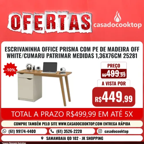 Escrivaninha office prism com pe de madeira off white/cumaru patrimar 25281
