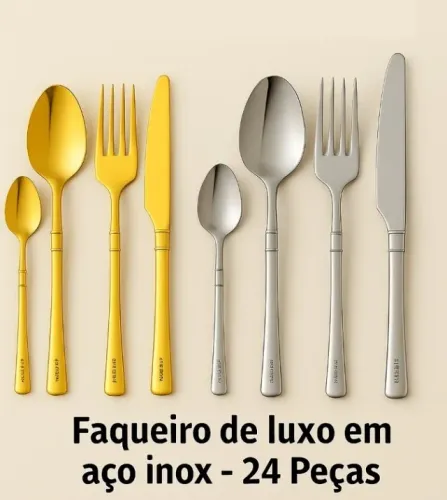 Lote - FAQUEIRO DE LUXO EM AÇO INOX - 24 PEÇAS | DOURADO ou PRATEADO