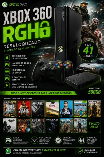 Xbox 360 RGH Desbloqueado + HD Externo 500GB + 2 Controles