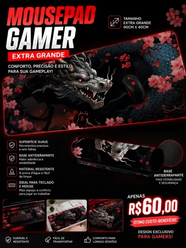 Mousepad Gamer Extra Grande Dragão Oriental 90x40cm - Antiderrapante