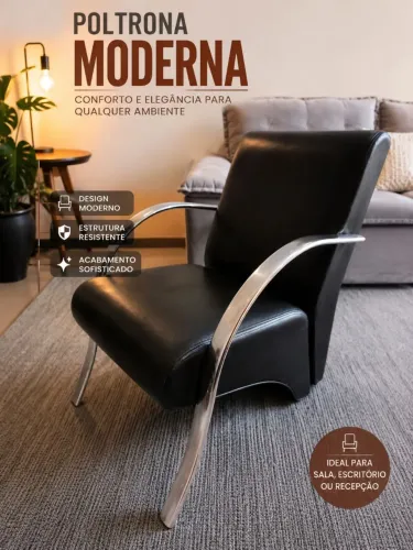 Poltrona moderna em couro e aço cromado