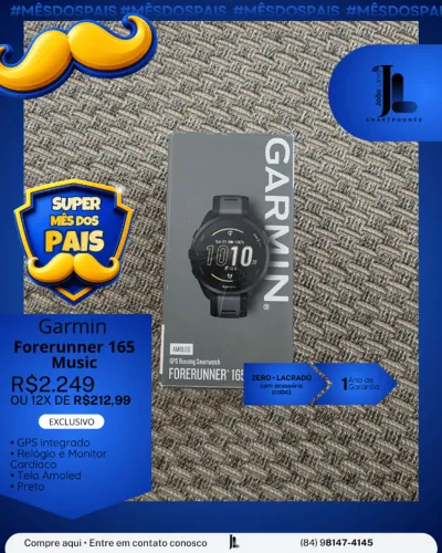 RELÓGIO GARMIN FORERUNNER 165 MUSIC, PRETO, LACRADO, EXCLUSIVO!