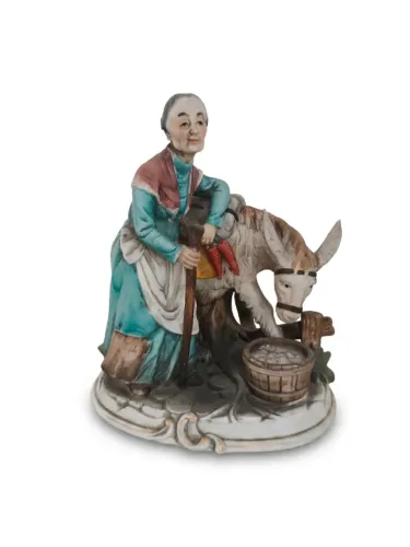 Antiga Escultura Porcelana Camponesa E Burrinho Pintada Mão