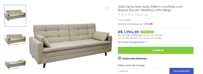 Sofá Cama New Jully 208cm Linoforte com Braços Pés em Madeira Linho Bege