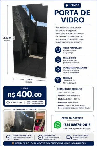 PORTA DE VIDRO<br>Medidas: 2,00 m × 1,00 m