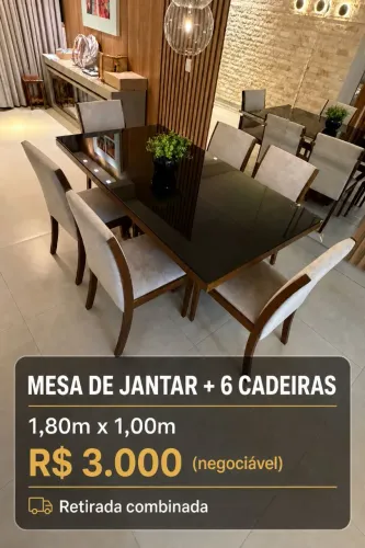 Mesa de Jantar com Tampo de Vidro + 6 Cadeiras Estofadas (1,80m x 1,00m)