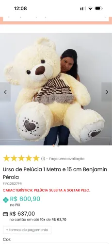 Urso de Pelúcia 1 Metro e 15 cm Benjamin Pérola