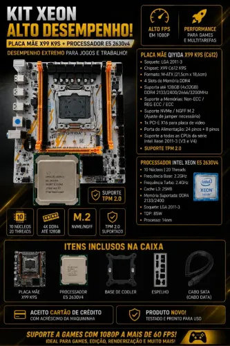 KIT X99 (Novo)- Placa Mãe K9S (2 Slot NVMe e 4 de RAM) + Processador E5 2630v4 (10N | 20T)