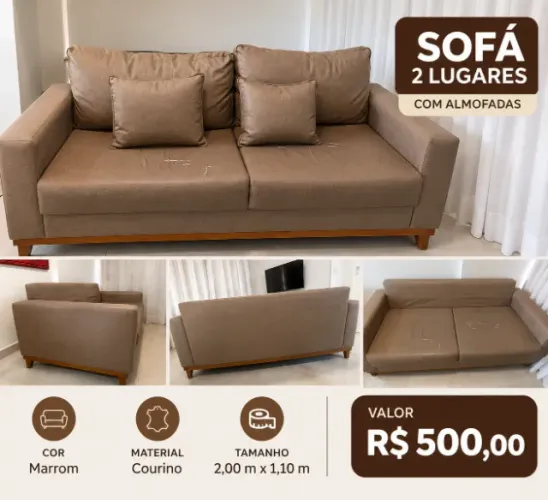 Sofá de 2 Lugares Marrom com Almofadas