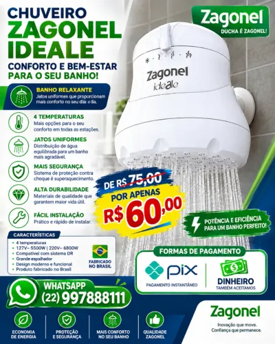Chuveiro zagonel de 220vts de 5500 whats NÃO RESERVO ( Contato apenas Whatsapp ) novo