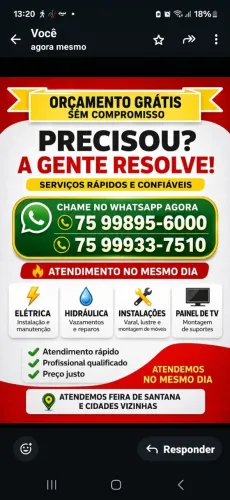 ELETRICISTA ENCANADOR LAVAGEM DE SOFA INSTALAÇÃO DE AR CONDICIONADO
