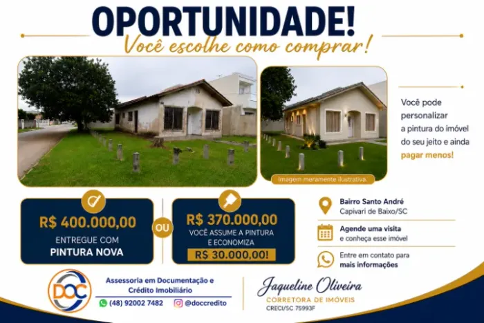 Casa e Terreno, 3 Quartos, Banheiro, Sala Cozinha