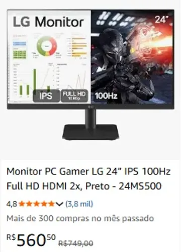 Monitor PC Gamer LG 24? IPS 100Hz Full HD HDMI 2x, Preto - 24MS500