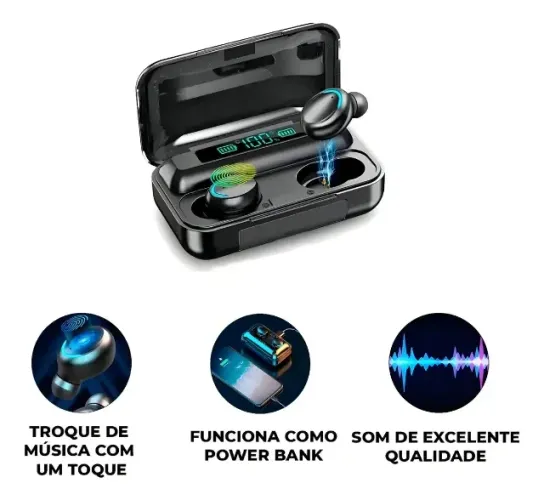 Fone Bluetooth Sem Fio com Estojo Digital e Carregador Portátil