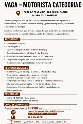 Motorista Categoria D (Jardim Vila Formosa)