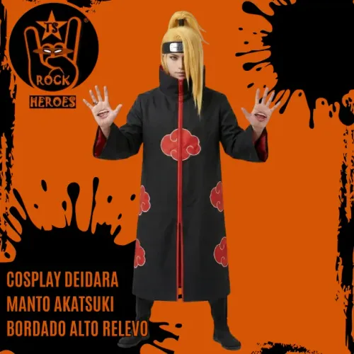 Cosplay Deidara Naruto Shippuden Manto Akatsuki Peruca, Bandana, Anel, 4 pares tatuagem