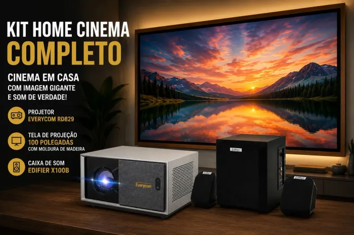KIT HOME CINEMA PREMIUM - PROJETOR EVERYCOM RD829 + TELA 100" + EDIFIER X100B