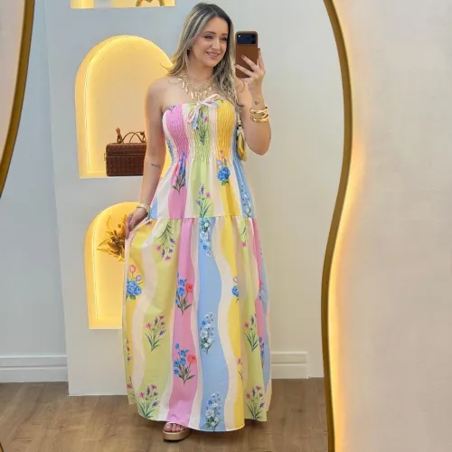 Vestido Feminino Longo Camadas Serena Tecido Duna Tendencia Lançamento 2026