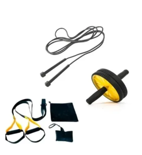 Kit treinamento: Fita tipo TRX + corda + roda abdominal