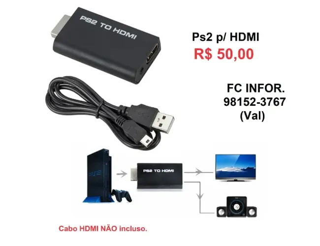 Adaptador de PS2 e ps3 para HDMI com saída de som