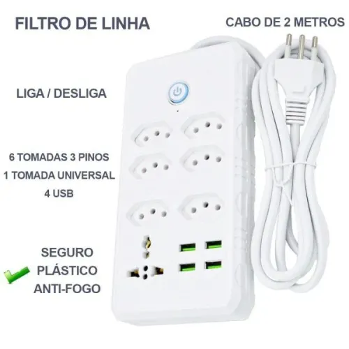 Filtro De Linha Extensão com 2 metros 7 Tomadas 4usb Segurança Regua