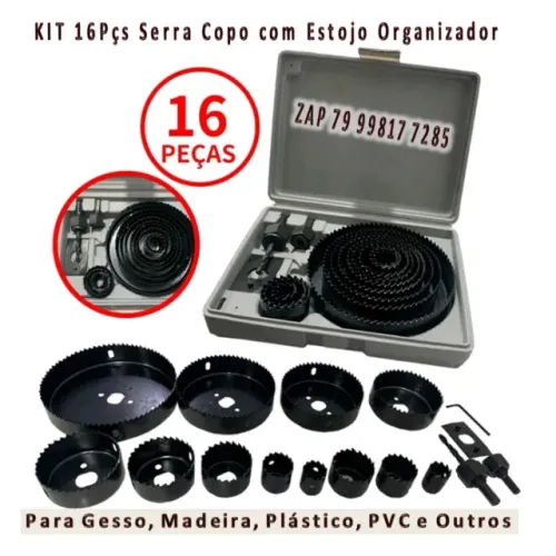 Jogo Kit Serra Copo 16 Peças 19 A 127mm P/ Madeira Gesso e Pvc + Estojo Profissional