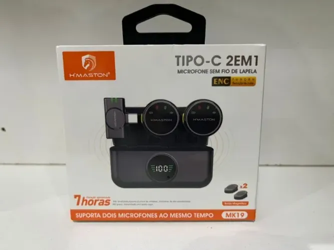 Microfone de Lapela Tipo C Sem Fio Profissional com Base de Carregamento, Display Led