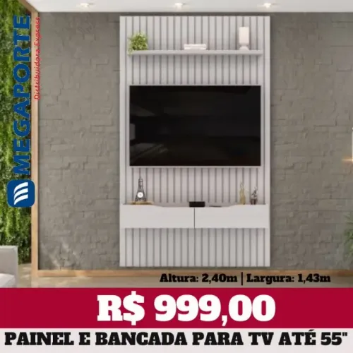 Painel Ripado + Bancada Suspensa 1,43m para TV até 55" (Novo) Entrega Grátis! 