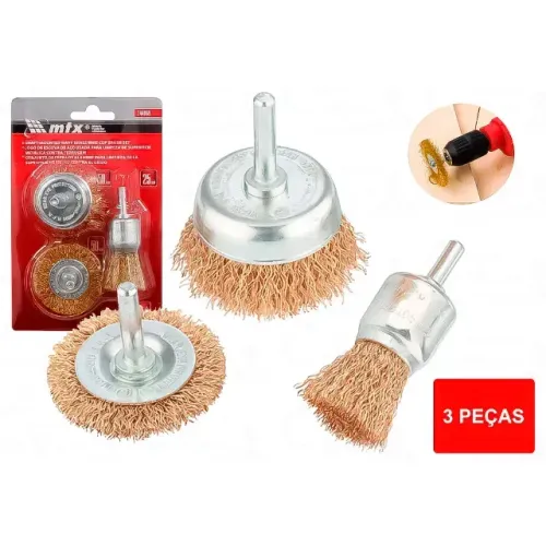 Kit Jogo Escova Circular De Aço Carbono 3 Peças Plana 50mm Copos 25 E 50mm Limpeza Ferro