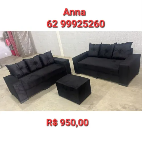 Conjunto de Sofá 3 Lugares + Puff- Preto