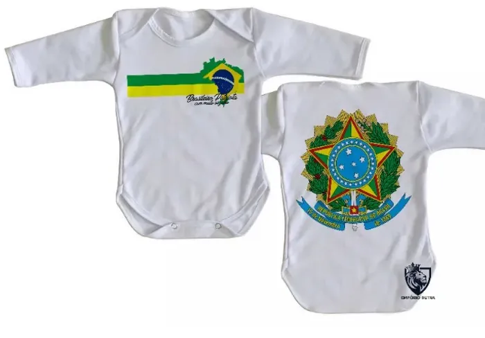 Body de bebê roupa de criança Brasil Brasileiro Patriota branco manga longa