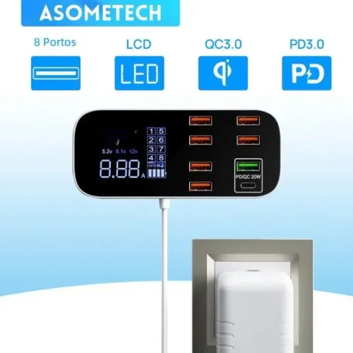 Estação de carregador usb asometech 8 Port com display led QC3.0 PD3.0 Carregamento turbo!