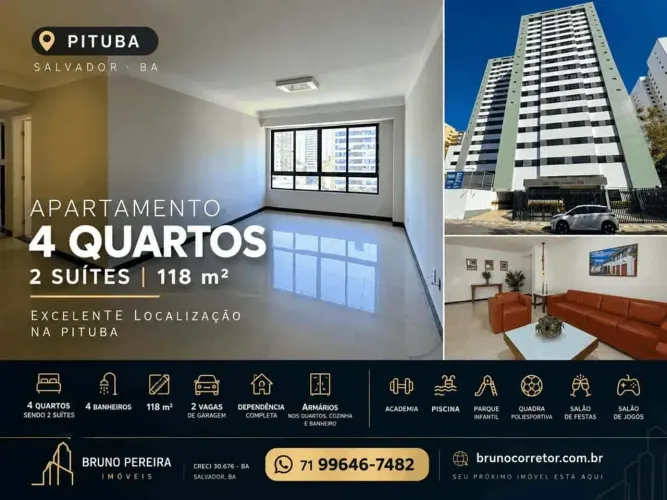 APARTAMENTO 4 QUARTOS 2 SUÍTES 118M² NA PITUBA