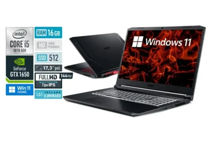 Notebook Gamer Acer Nitro Core I5 RAM 16GB SSD 512Gb GeForce GTX1650 4Gb Tela 17" 144Hz