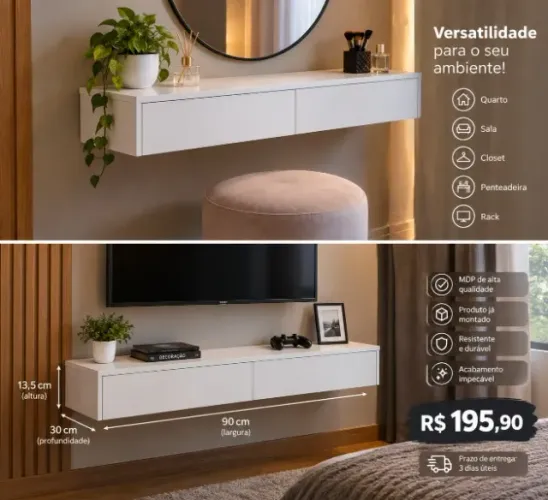 Aparador Suspenso De Parede Com Duas Gavetas 90 x 135 x 30