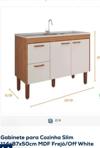 Gabinete para Cozinha Slim + Pia Inox + Armario com 4 Portas