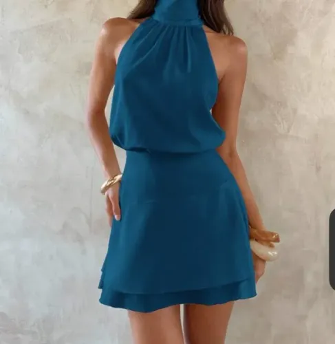Vestido Feminino Aloruh Chiffon Azul Petróleo Gola Alta Elegante