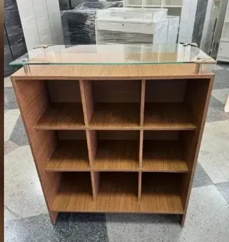 inicial BALCÃO COLMEIA AMADEIRADO COM TAMPO DE VIDRO - NOVO BALCÃO COLMEIA AMADEIRADO