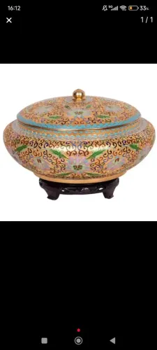 Centro de mesa (potiche) cloisonne oriental dourado original com tampa novo zero