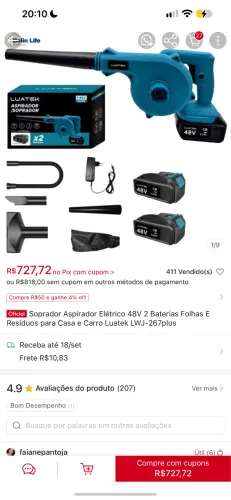 Soprador Aspirador Elétrico 48V 2 Baterias Folhas E Resíduos para Casa Luatek LWJ-267plus