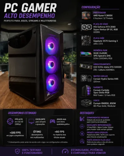PC Gamer Ryzen 5 3600X + RTX 2060 Super 8GB | 16GB RAM | SSD NVMe 1TB