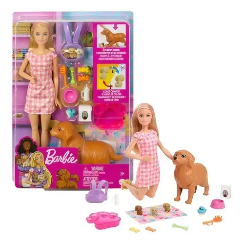 Boneca Barbie Filhotes Recém-Nascidos - Boneca, cachorro, 3 filhotes e acessorios NOVO